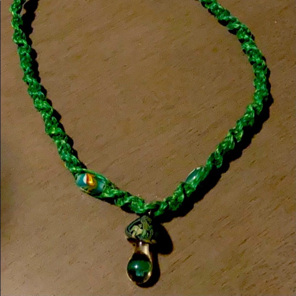 Green hemp mushroom necklace with roach-clip clasp